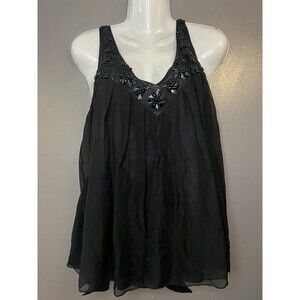 Rebecca Taylor Shirt Womens 6 Black Silk Beaded Embellished Flowy Tank Top